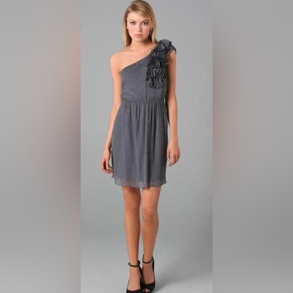 REBECCA TAYLOR GRAY 1 SHOULDER RUFFLED DRESS DOT SILK CHIFFON PARTY MINI - 4 - Picture 1 of 8